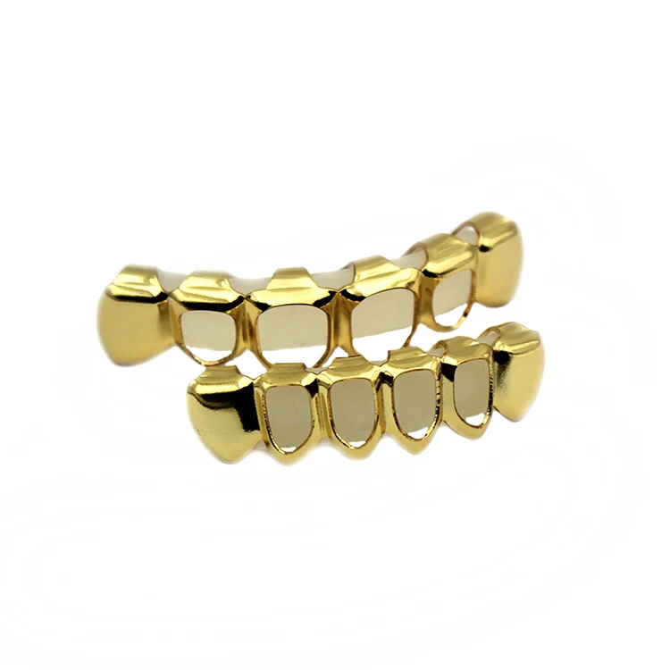 

Hollow Fangs Hiphop Bijoux Gold Color Teeth Grillz Top & Bottom Grills Set With Silicone Bar Body Jewelry, Gold,silver color