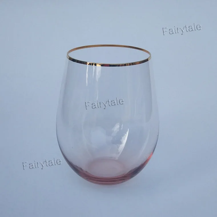 Fairy Tale Hand Blown Tumbler Gold Rim Stemless Wine Glass Pink