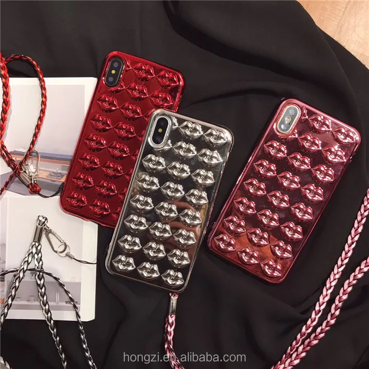 

3D Sexy Kiss Red Lips Electroplating Phone Cases Contains For Apple iPhone 7 Plus Luxury Lanyard Soft TPU Back Cover Coque