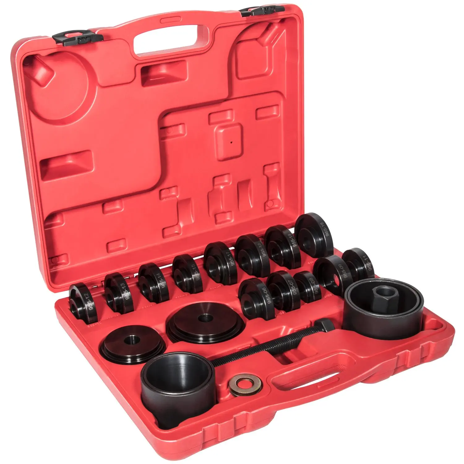 Инструмент для пресса. Front Wheel Drive Wheel bearing removal Tool Set 25pcs. Front Wheel Drive Wheel bearing removal/installation Tool Set 25pcs. Ложемент 1/2 23pcs. 15pcs bearing Tool Set for Front Wheel Drive vehicles.