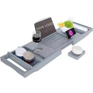 Image of Free Soap Dish Bathtub Shower Caddy Bamboo Bath Tray With Book Wine Holder