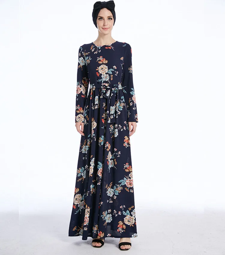 

Fashion Beautiful Newest Printed Flower Arabic Style Abaya Women Turkish Maxi Dress, Navy