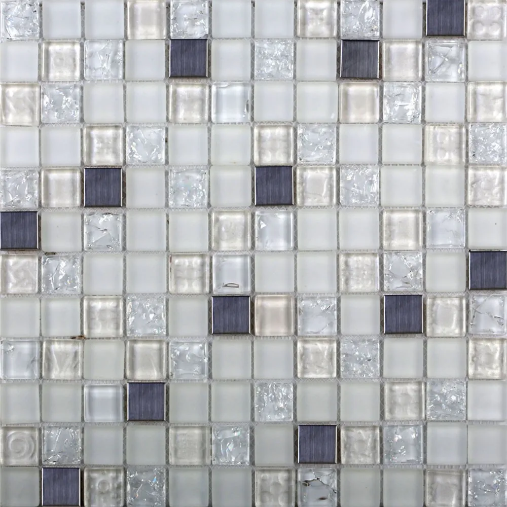 Bathroom Wall Decor Crystal White Resin Mix Metal Tile Square Mosaic