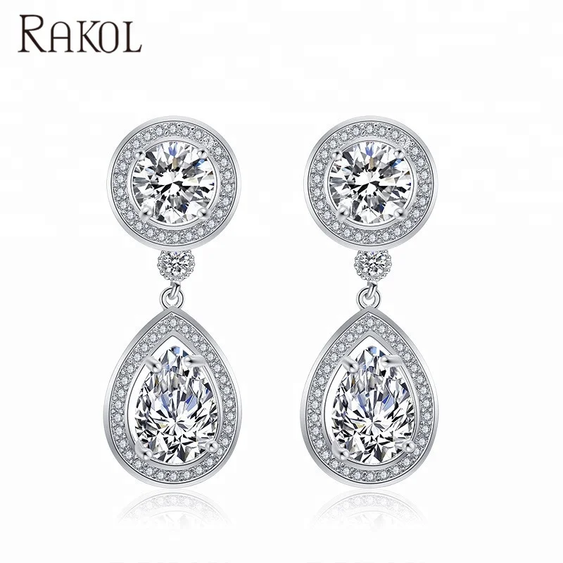 

RAKOL Classic teardrop shape Cubic Zircon Earrings Long Drop Dangle CZ Earrings E2036, As picture