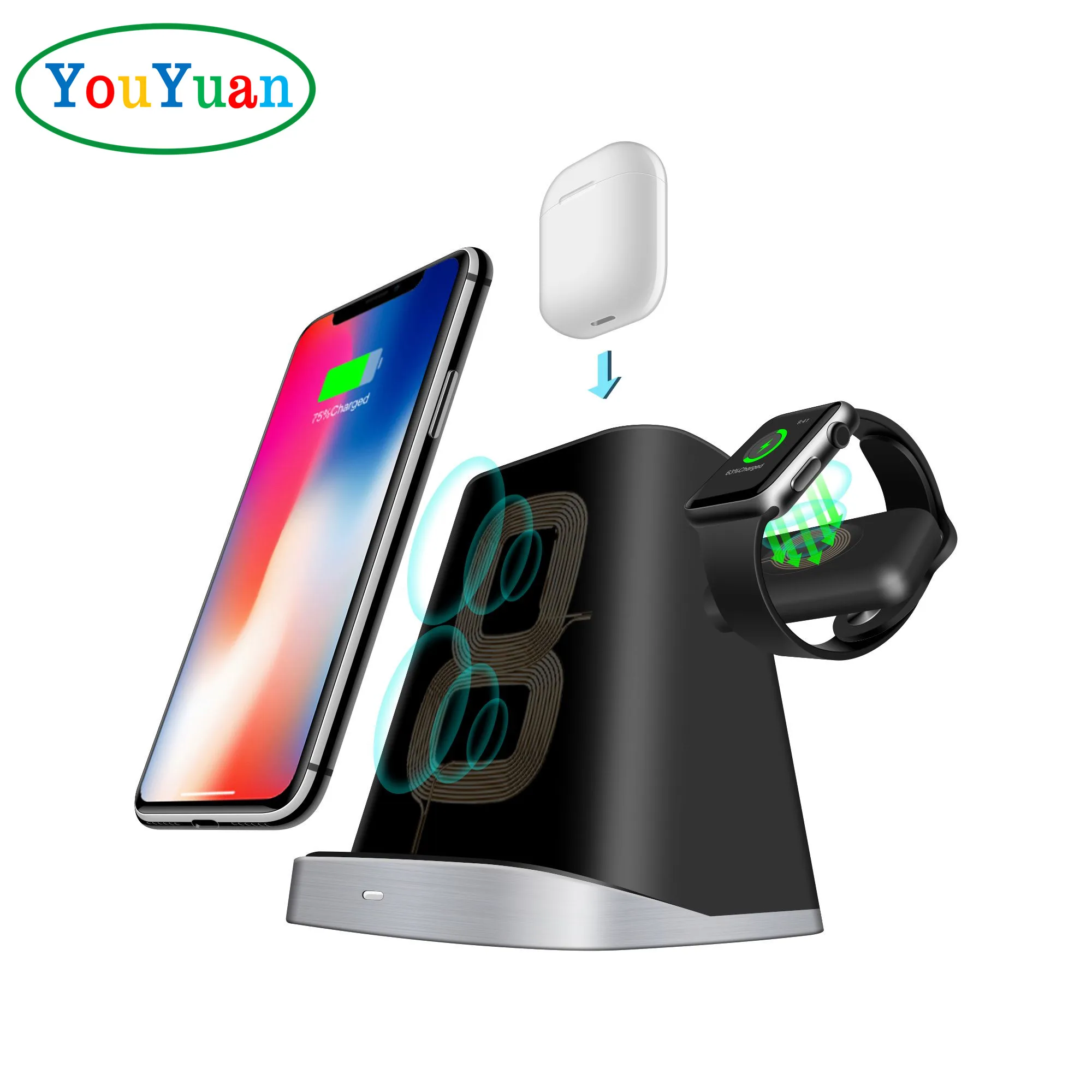 

For Apple Watch Qi Wireless Charger 3 in 1 10W 7.5W fast charging holder for iPhone AirPower mobile phones with 2 coils, Black