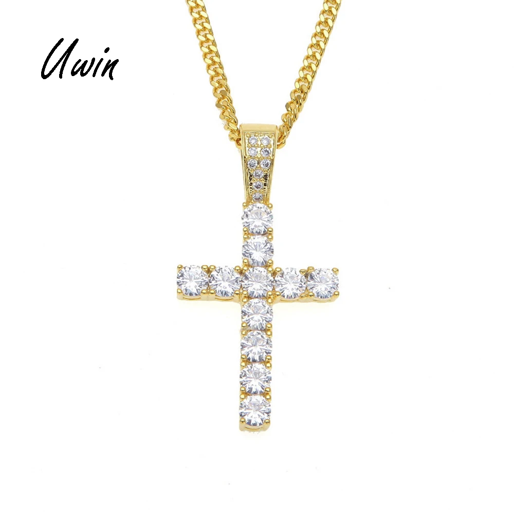 

UWIN Hiphop Gold Plated Iced Out Cross Custom Sterling Silver Diamond CZ Cross Pendant, Silver / gold