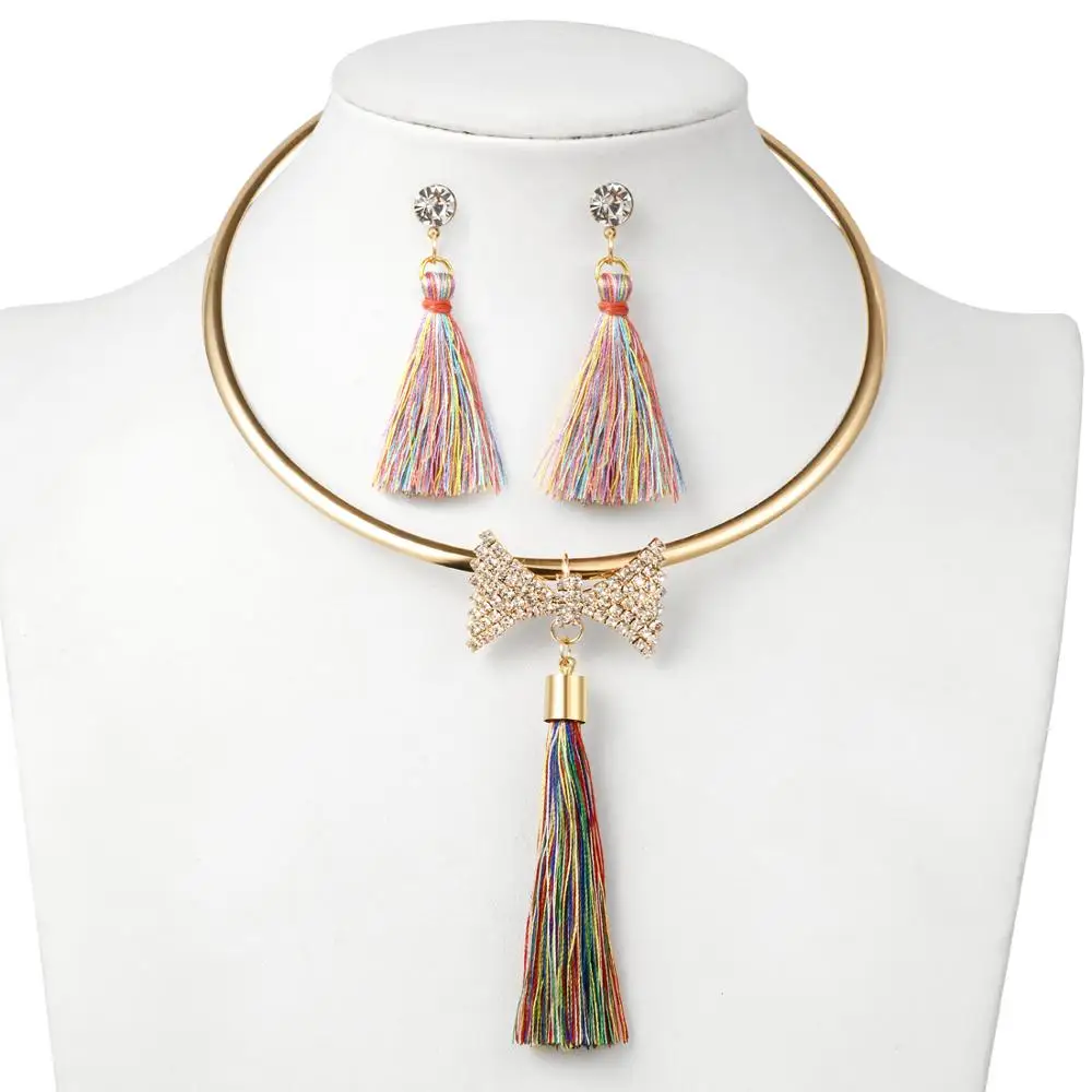 Women Boho Tassel Jewelry Set Wedding Punk Choker Necklace Set Bridal Dubai Bohemian Jewellery Sets