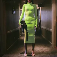 

Autumn winter long sleeve turtleneck zipper sexy bodycon Midi dresses women casual sheath party club dresses Y11078