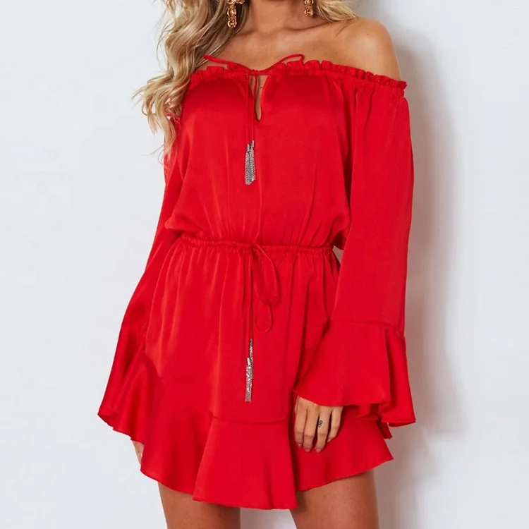 

2019 New Arrivals Womens Clothing Casual Red Ruffles Long Flare Off Shoulder Sleeve Women Dresses, As shown in the pictures