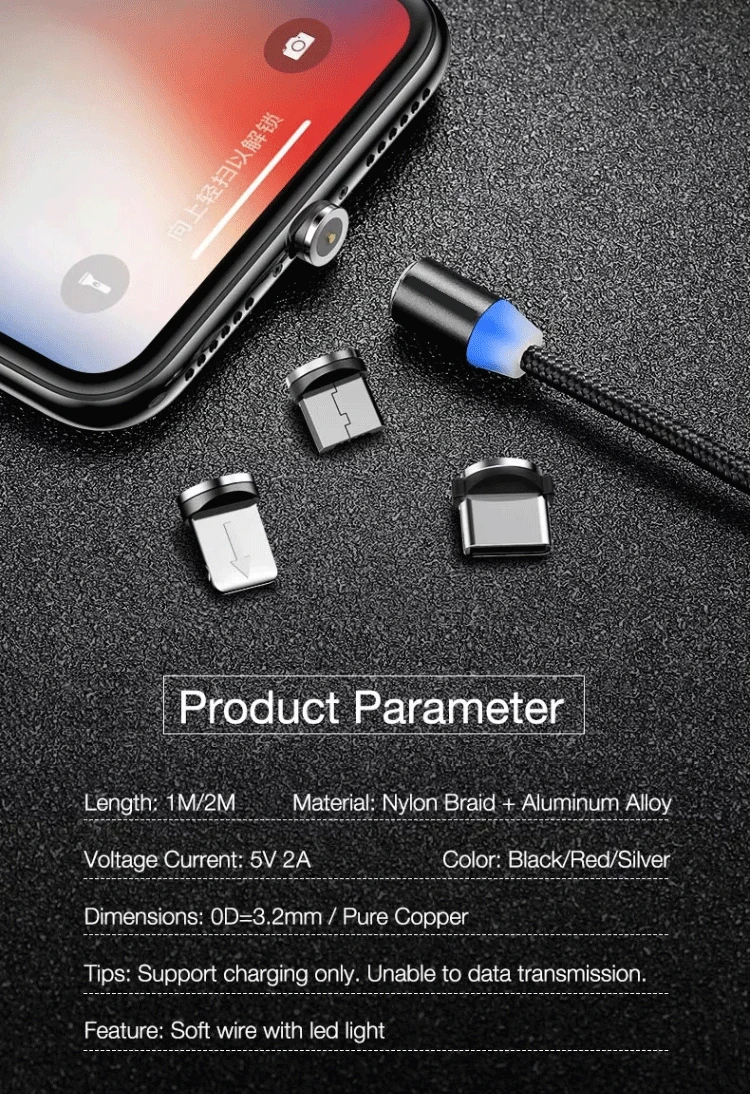 Hot sale 2.4A 3 in1 Nylon magnetic USB data line  charging USB cable for android and Type C and ios