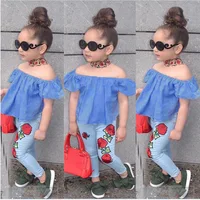 

European Kids Garments Girls' Clothing Sets Of Off-shoulder Top+ Rose Flower Jeans