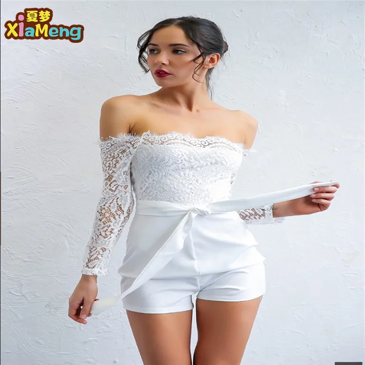 

2018 summer boat neck western style long sleeve lace jumpsuit, White