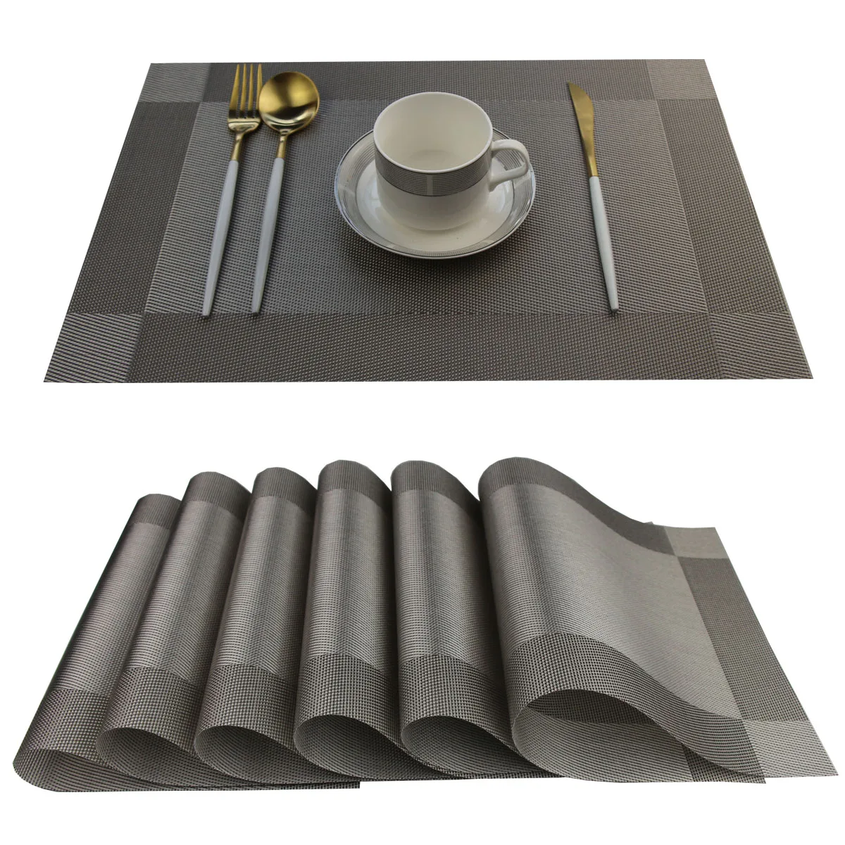 

Luxury Placemats Gold Sliver Brown Color Place Mat Plastic Vinyl Woven Felt Table PVC Placemat Set