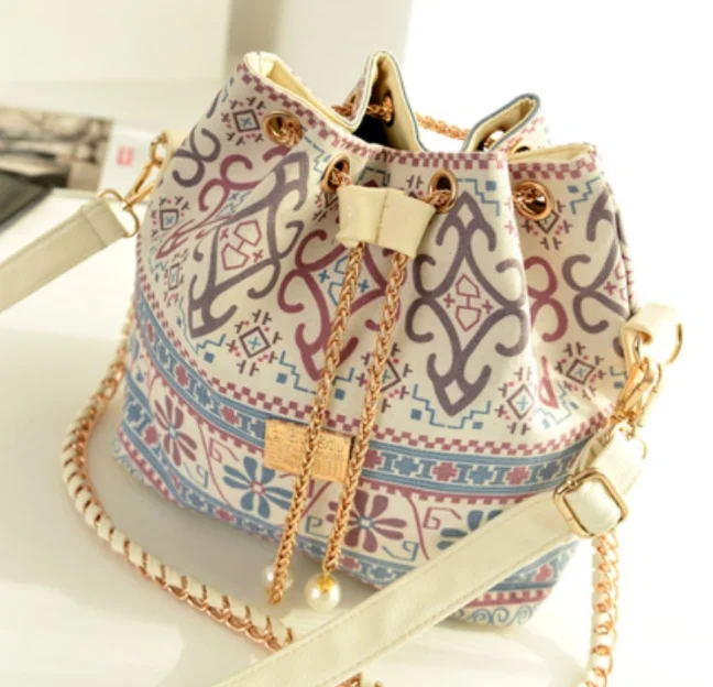 

2019 Chic New Arrival Korea fashion Bohemia Style Canvas Drawstring Bucket Bag Pearl rope single Shoulder Handbags, As pictures