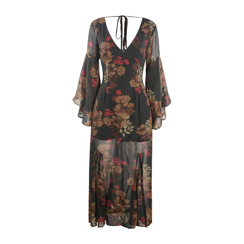 

Sexy halterneck printed dress with flared sleeves for women