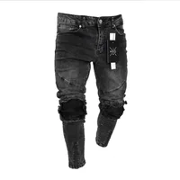 

High quality black jeans Elastic damage pants denim ripped patch splice jeans Ankle jogging streetwear fashion male trousers