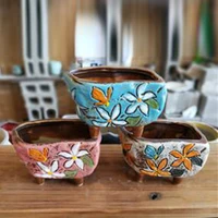 

Korean style hand painting flower antique ceramic indoor plant pots with feet