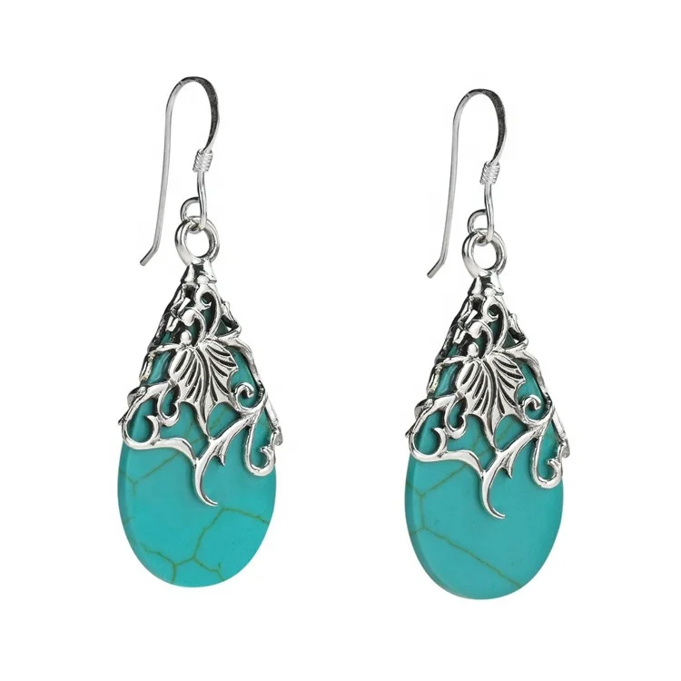 

Ethnic Blue Turquoise Stone Drop Earrings for Women Vintage Antique Silver Color Carved Dangle Earrings Indian Jewelry