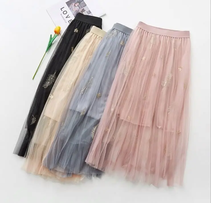 

Tulle skirt mesh half-length skirt medium long lace dress spring new fashion pleated skirt, Black, pink, gray, beige