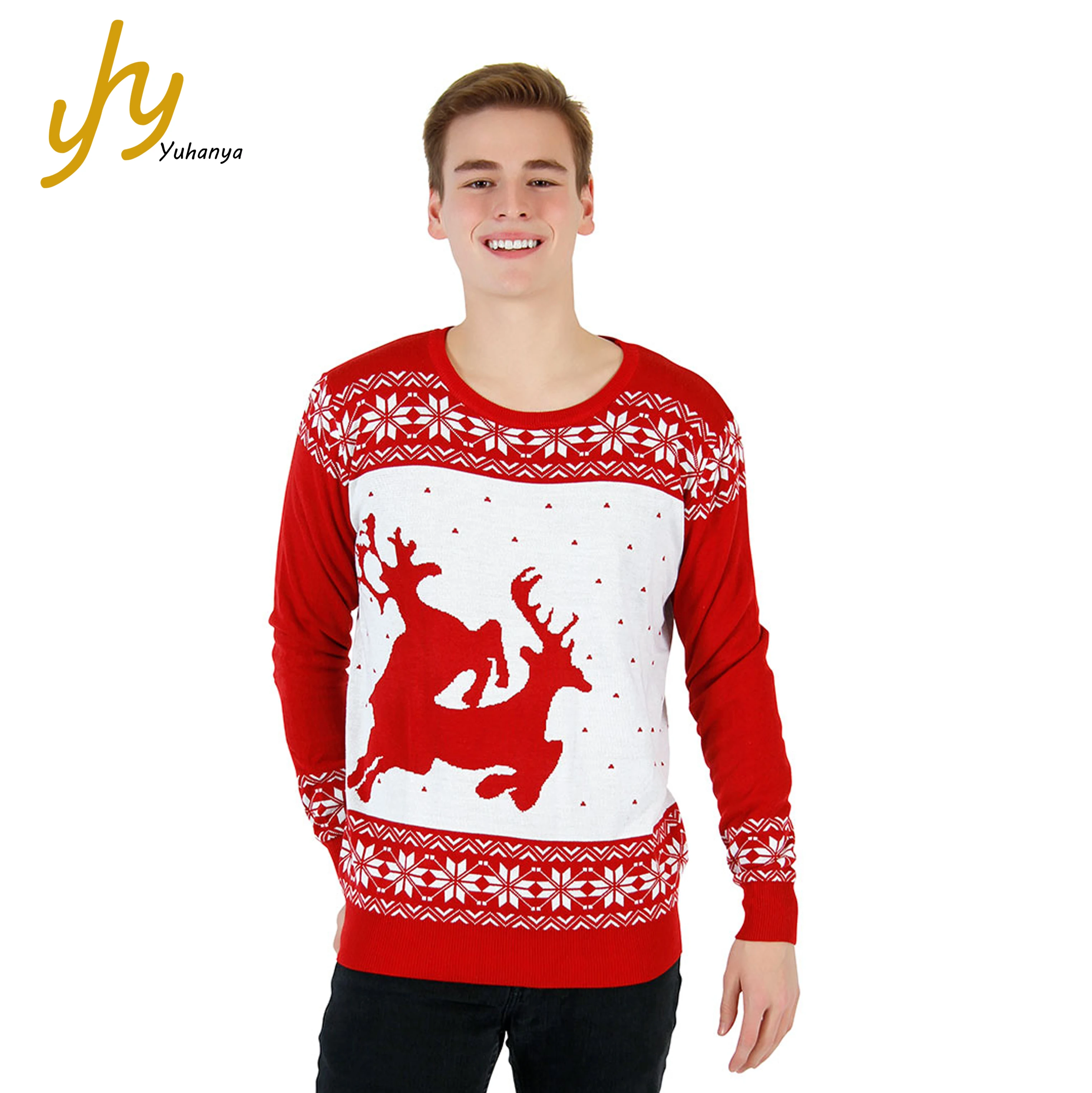 

OEM ODM Factory Custom Reindeer Jacquard Pattern Ugly Christmas Sweater, Red