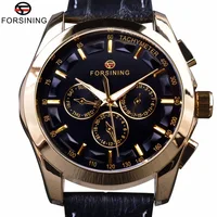 

Dropshipping FORSINING Real Leather Strap Golden Case Sub Dial Working Vogue Retro Automatic Mechanical Watches Mens