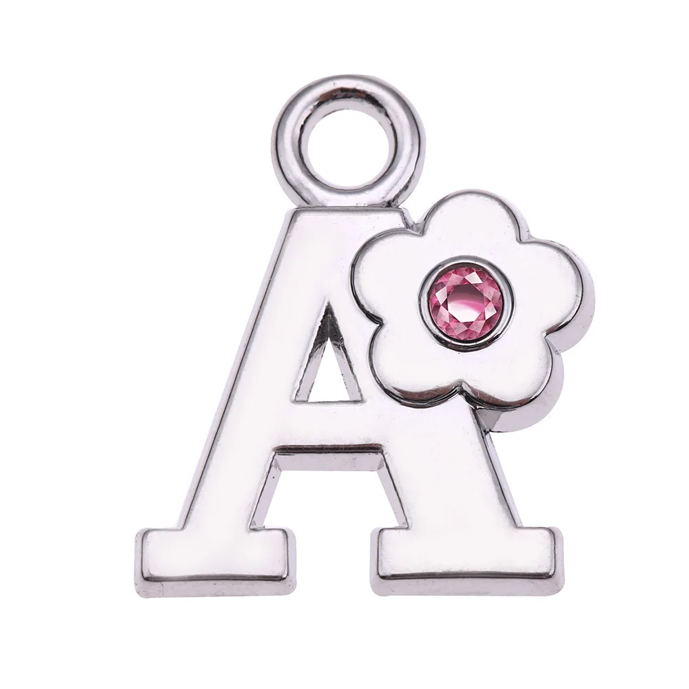 

Jewelry Accessory Women Zinc Alloy Metal Crystal Small Flower Silver Plated Necklace Initial Alphabet Letter N Charms Pendant, Silver stone and pink crystal