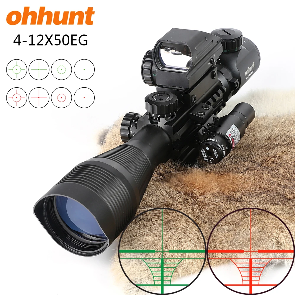 

Ohhunt Combo Rifle Scope 4-12X50 Red Green Illuminated Rangefinder Reticle Crossbow Hunting Scope Riflescope with Lasers Red Dot