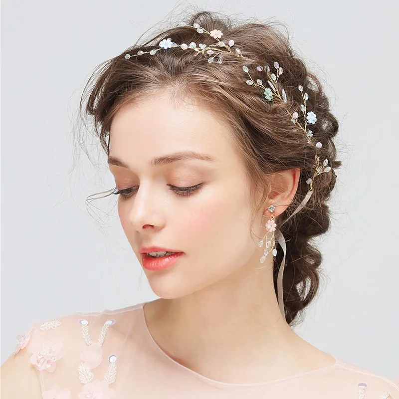 Wedding Hair Accessories Jewelry Bridal Hair Vine Headbands Earring Set Crystal Floral Prom
