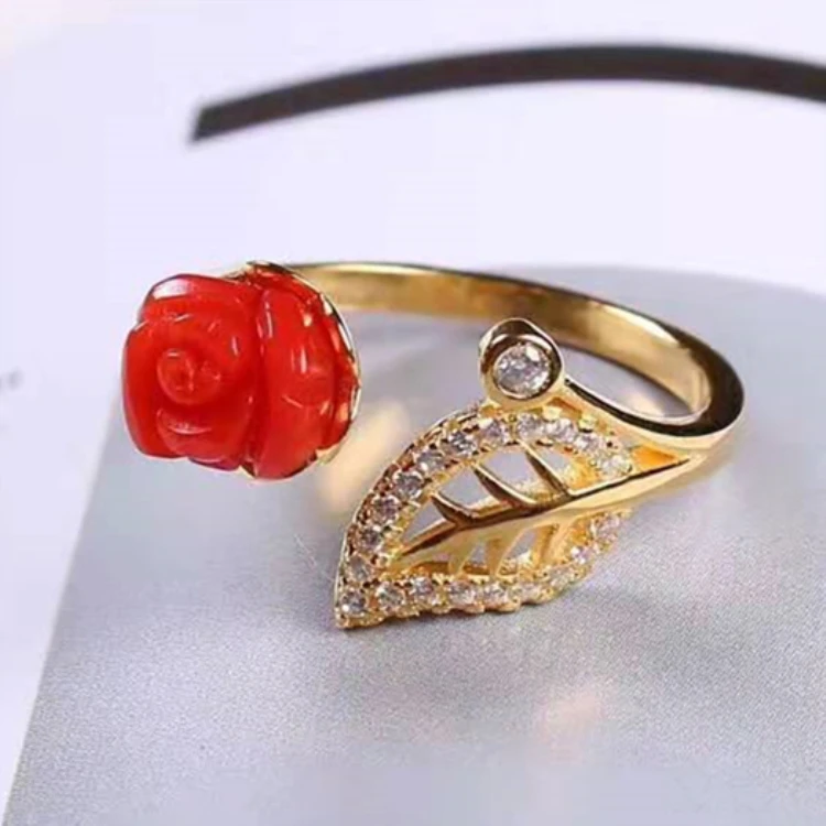 

jewelry 18k gold plated 925 sterling silver natural Italy red coral ring for women sculpture rose flower snake ring silver, Picture