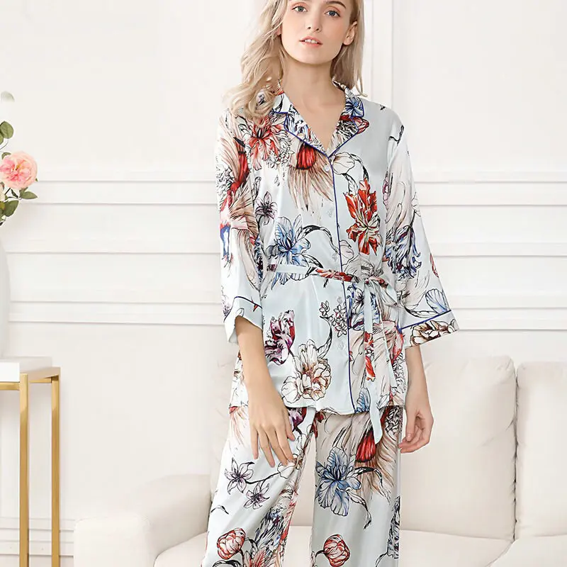 

New Pattern Blue Flower Print Real Washable Custom China Satin 100% Wholesale Silk Pajamas Set Women, Customized color