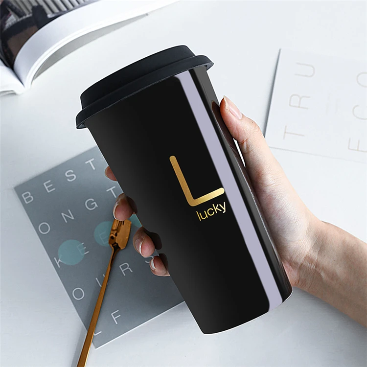 

Custom logo luxury black color double wall ceramic travel mug with silicone lid