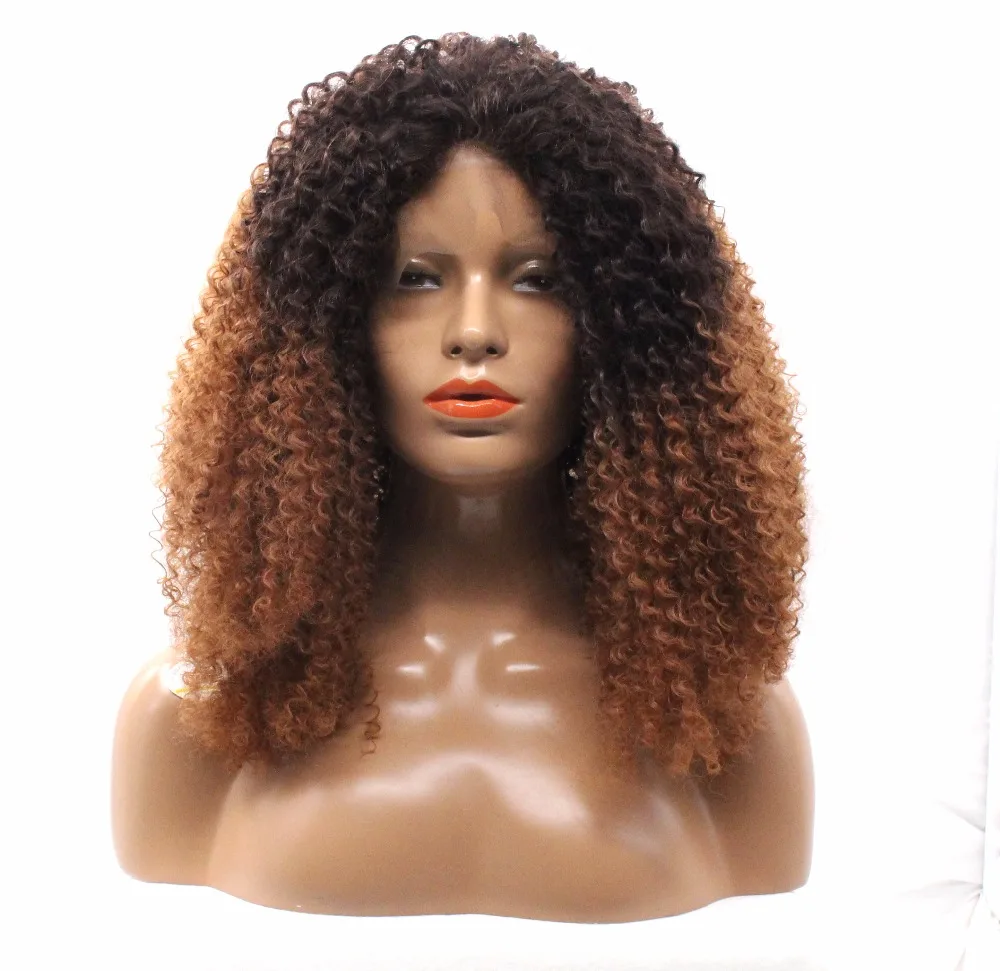 

Afro Kinky Curly Synthetic Hair Glueless Lace Front Wigs With Baby Hair 250% Density Heat Resistant Fiber Ombre Blonde Color