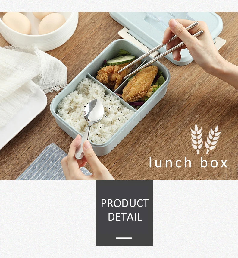 

Biodegradable Compartment Leak Proof portable wheat straw bento lunch box with stainless steel cutlery set food storage for kids, Blue;pink;green or customized colors