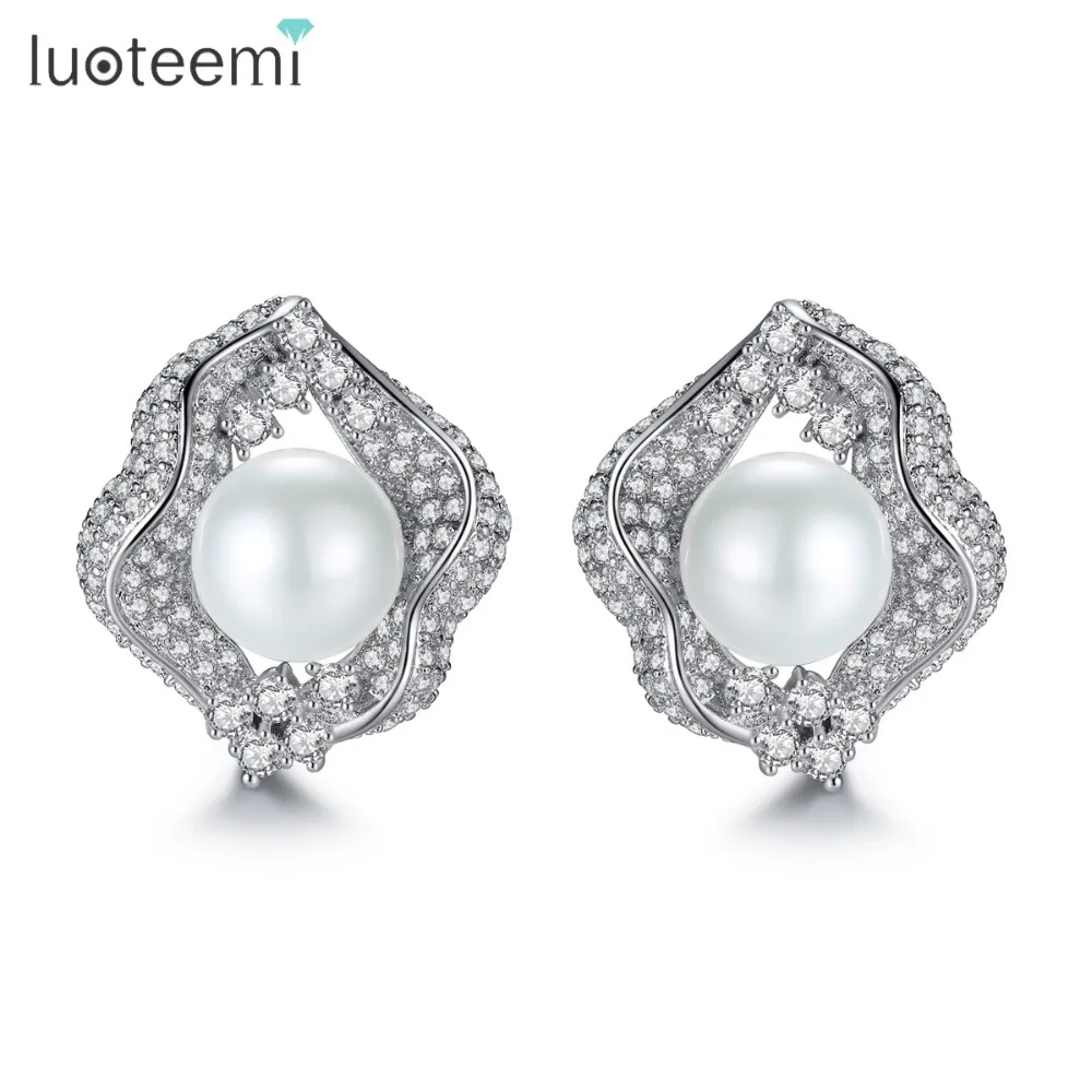 LUOTEEMI Beautiful Flower Shape White Gold Plated Pearl CZ Diamond Female Ear Stud Earrings For Women