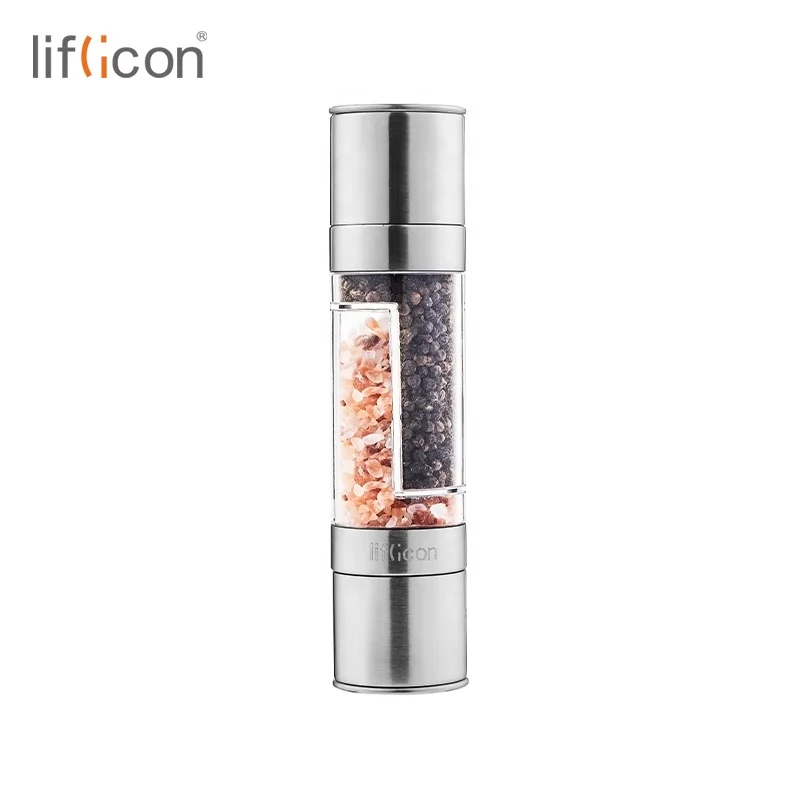 

#Liflicon professional Stainless Steel dual spice grinder mill for yellow salt and pepper, Stainless steel drawing color /transparent glass color