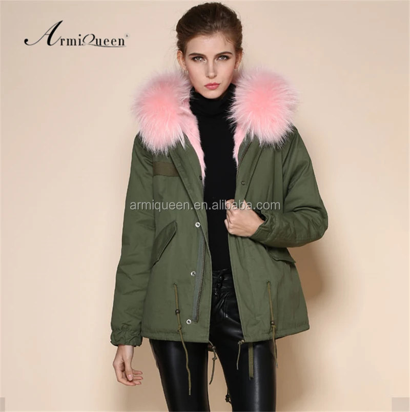 

2017 wholesale military green elegant womens winter pink faux fur lined coats, Ladies real raccoon fur hooded jacket parka, Army green;light pink;oem;odm