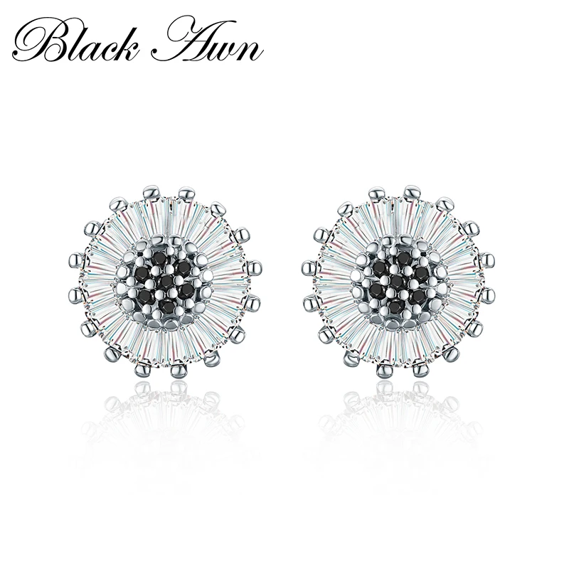 

[BLACK AWN] 3.8g 925 Sterling Silver Jewelry Black Spinel Engagement Stud Earrings for Women Classic Flower Bijoux I013