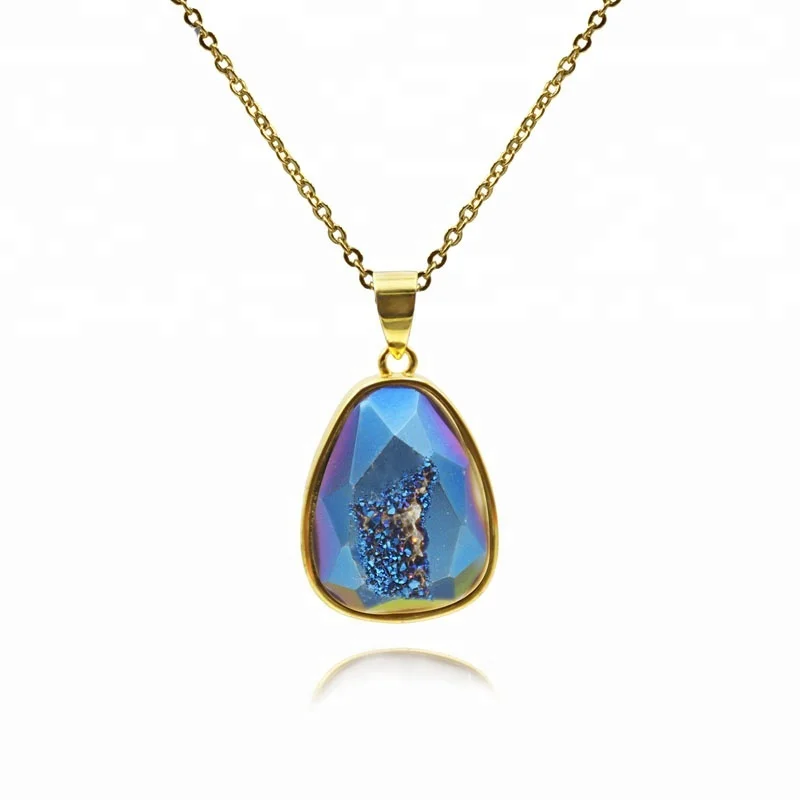 

Exclusive Natural Geode Agate Pendant Necklace Rainbow Drop Faceted Druzy 24k Real Gold Plated 18" Chain Necklaces Jewelry, Multi color geode necklace