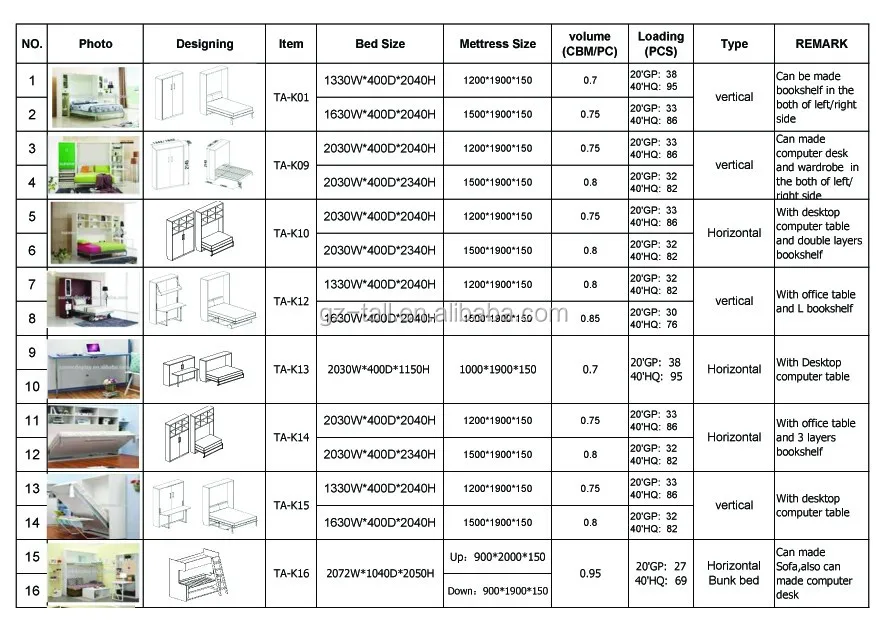 Comfortable murphy wall bed mechanism with office table TA-K13