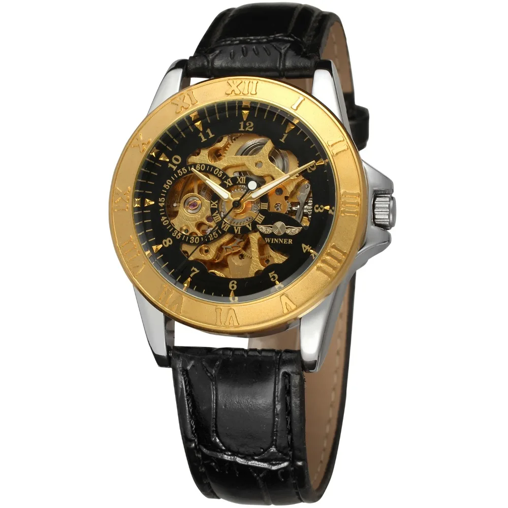 

Winner Automatic Watch Mechanical 2018 Gold Military Watch For Genuine Leather WristWatch Custom For Man, 9-color