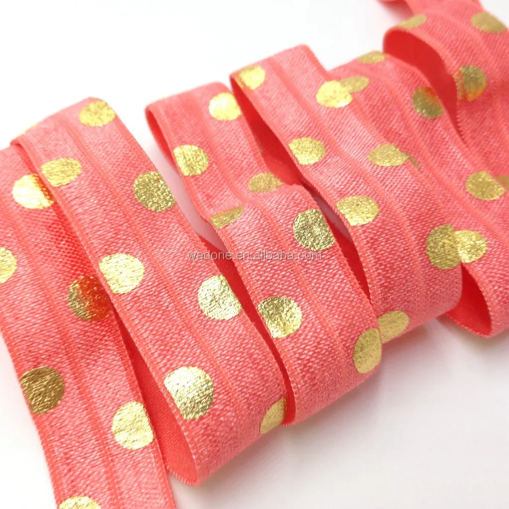 

High Quality Coral Polka Dot Print Fold Over Elastic Gold Foil Dot FOE Elastic Ribbon for Hair Accessories 100yards/lot, As per picture