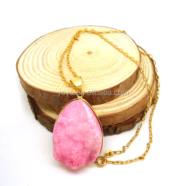 

NE2221 Fashion Pink Druzy Pendant Necklace with Gold Plated Chain, Pink and gold