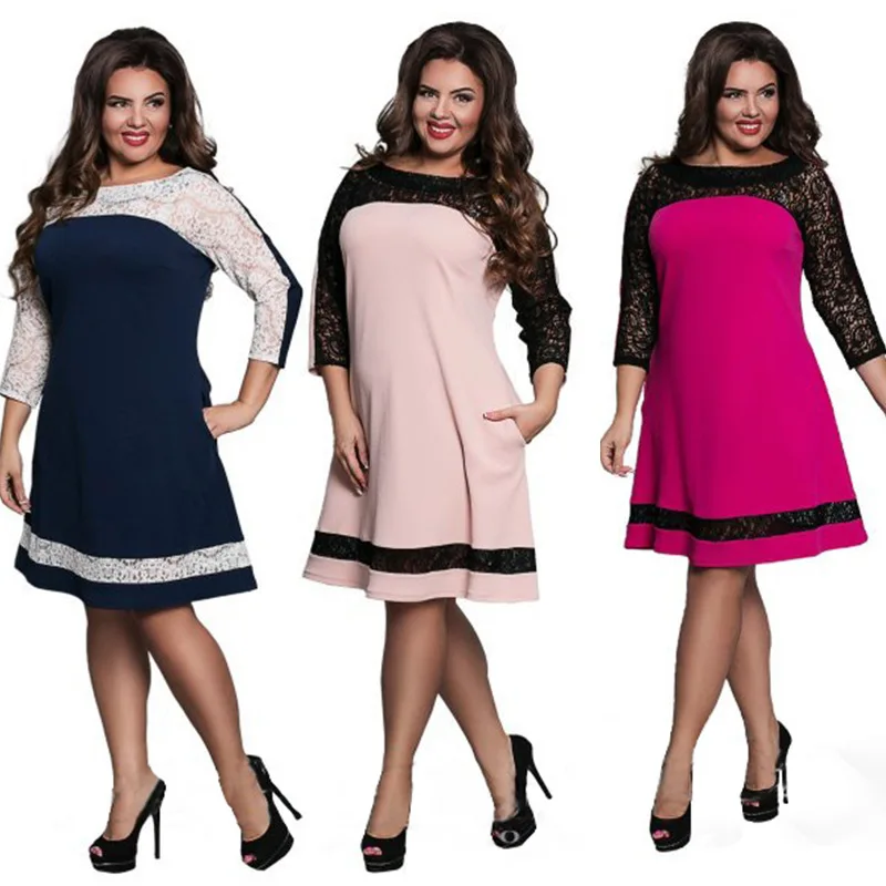 

In Stock Autumn Casual Elegant Lace Women Long Sleeve Knee Length A-line Dress Feminina xxxxl women super plus size clothing, Red/blue/pink /black/plus size women bodycon pencil dress