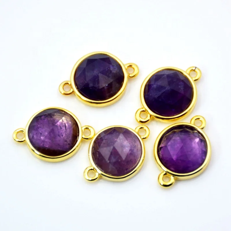 

Natural amethyst connector Faceted round Gemstone charms tiny jewelry gold plated setting findings double bail pendant, Purple amethyst