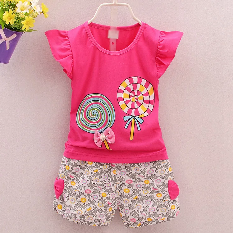 

Hotsale Fashion Cute Girls 2piece/set Toddler Kids Baby Bowknot Outfits Summer T-shirt Tops+Short Pants Clothing Set, As pictures showed