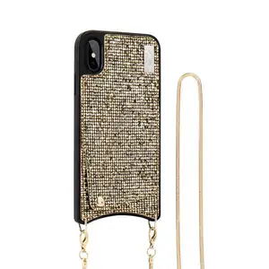 Crossbody Smartphone Bling Leather Wallet for Iphone Neck Strap Phone Case