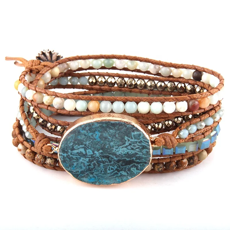 

Fashion Beaded Jewelry Handmade Mixed Natural Stones /Crystal Blue Stone Charm 5 Strands Friendship bracelets Wrap Bracelets