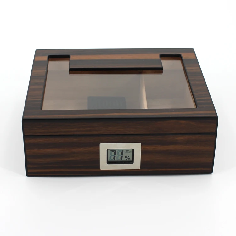 

wholesale custom spanish cedar wooden box tray de puros with hygrometer digital humidifier solution desktop glass cigar humidor, Ebony