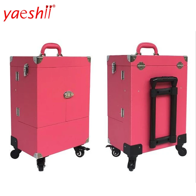 

Yaeshii professional beauty 4 Wheels rolling trolley makeup train artist vanity case trolley with drawer mirror, Pink/black