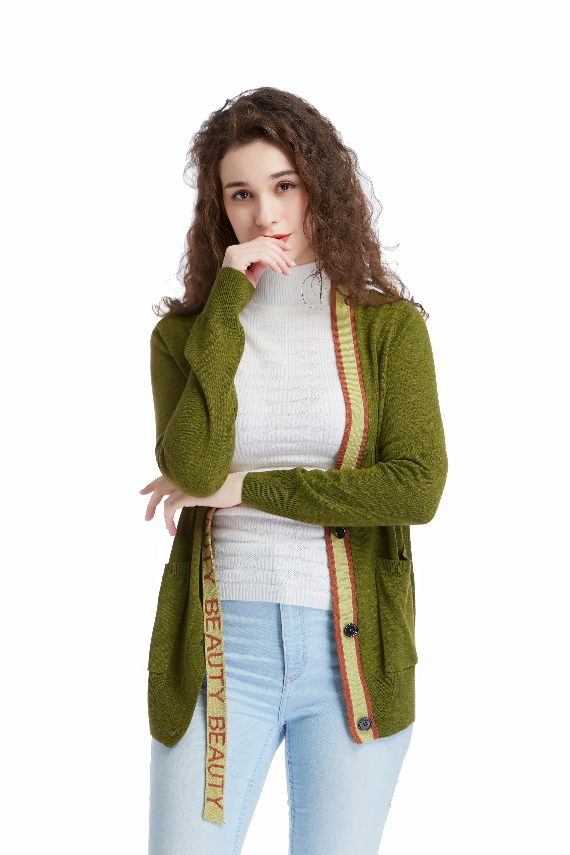 新时尚女士纯色按钮欧洲风格打开前休闲针织长袖女性休闲开衫口袋